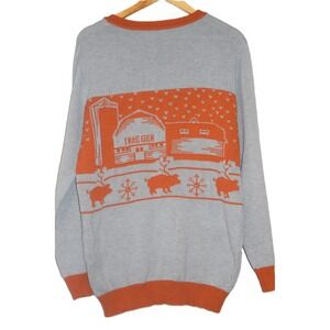 Traeger Ugly‎ Christmas Sweater Mens XL Farm Barn Pig Snowflake Knit Gray Orange